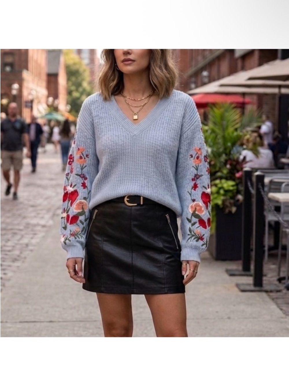 V-Neck Floral Embroidered Sleeve Sweater - Light Blue
